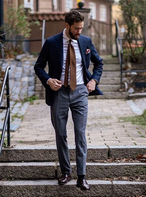 navy jacket grey pants